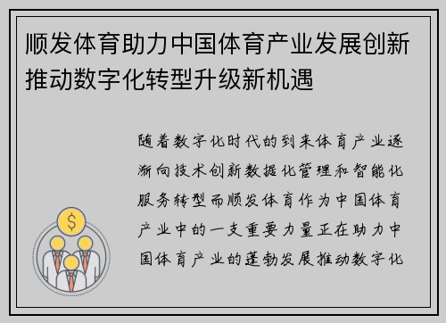 顺发体育助力中国体育产业发展创新推动数字化转型升级新机遇